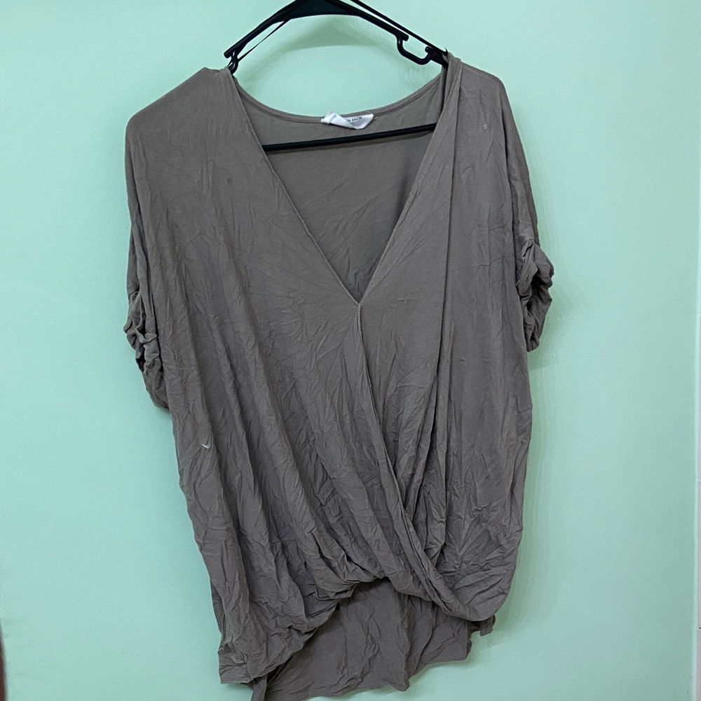 Double Zero Taupe Wrap-Front V-Neck Top
